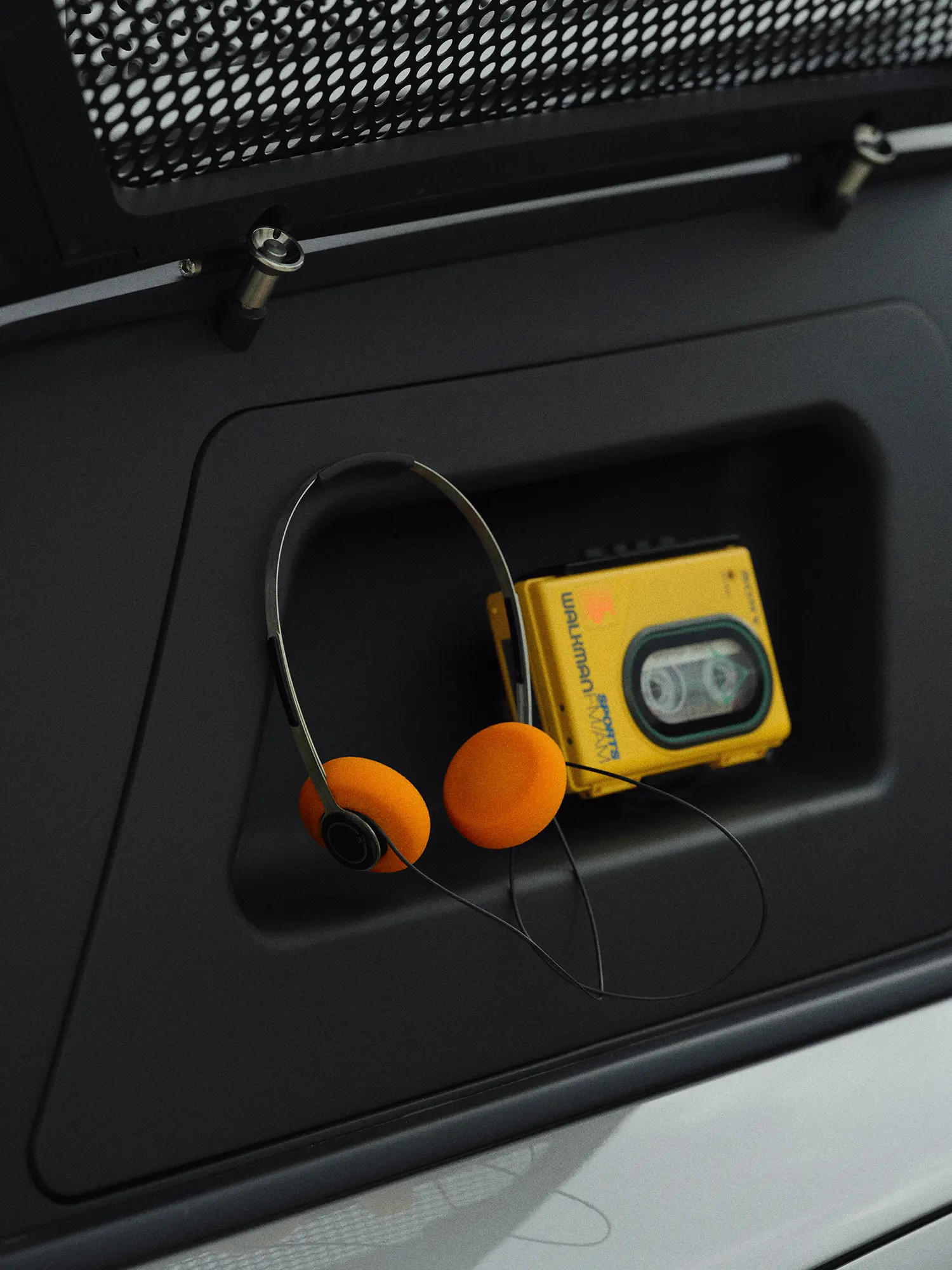A vintage Sony Walkman integrated into the bodywork of the MINI Vagabund concept.