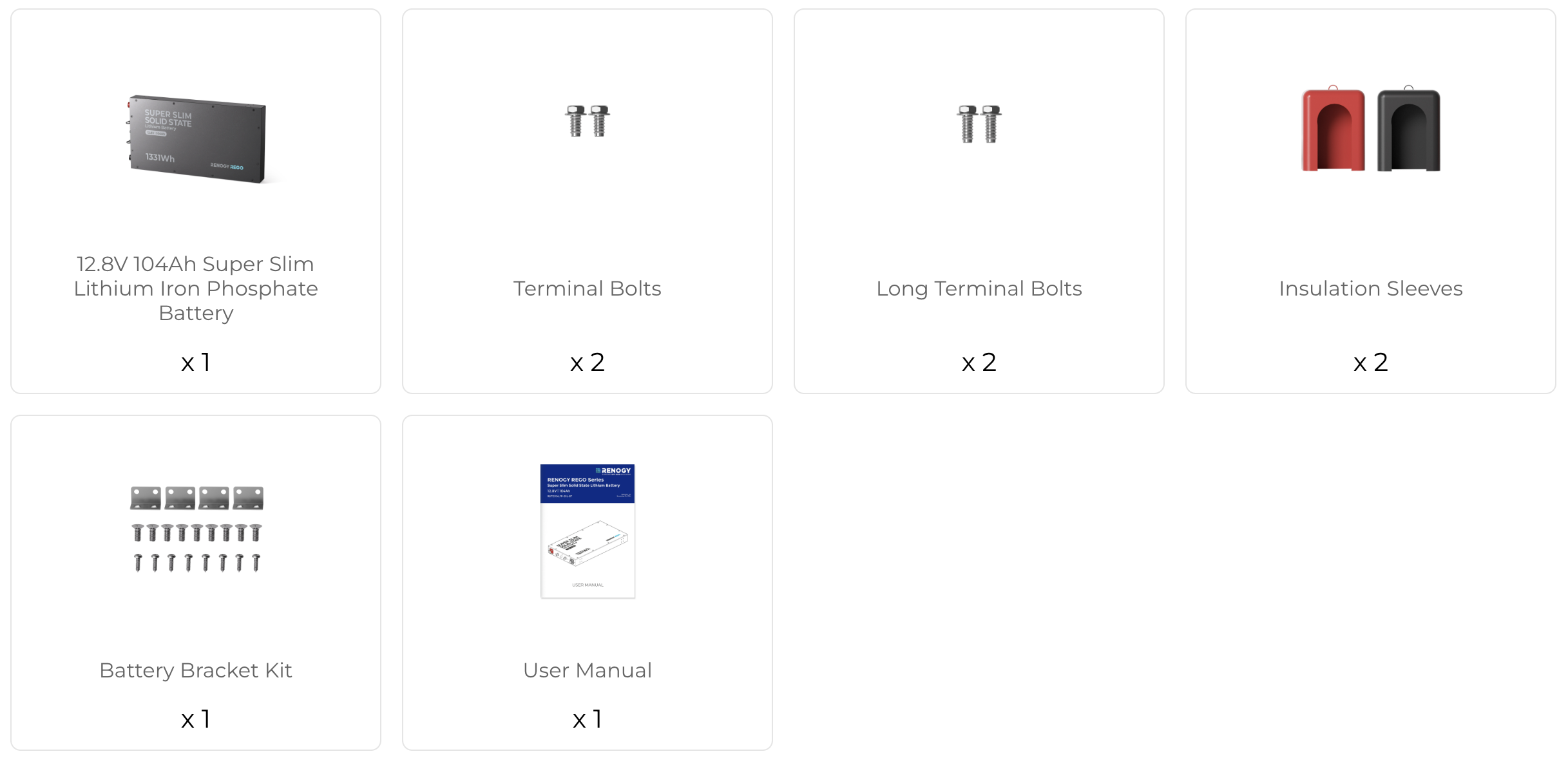 The Renogy REGO 104Ah battery package including all accessories and cables.