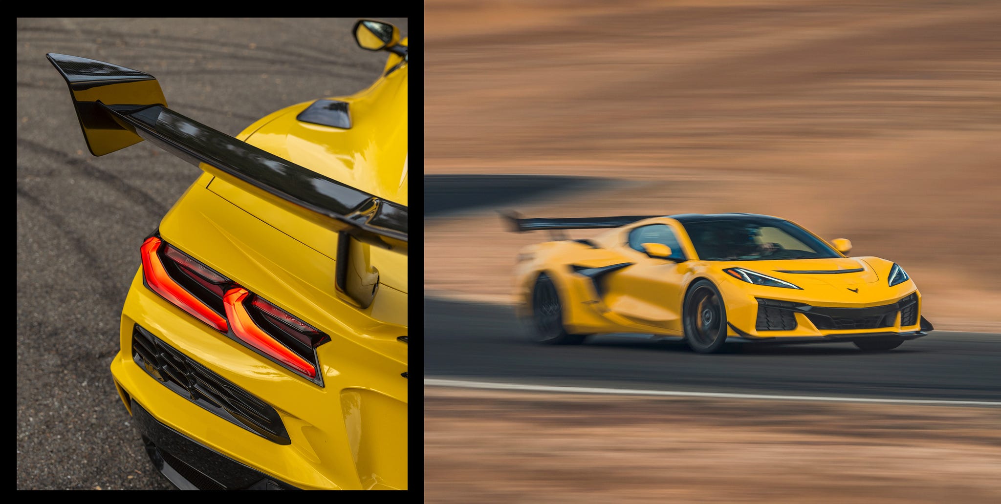 Action shot of a yellow 2025 Chevrolet Corvette ZR1 showing aerodynamic details.