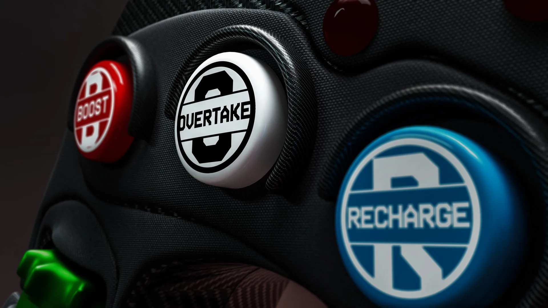 Close-up of a 2026 F1 steering wheel with a highlighted Overtake Mode button.