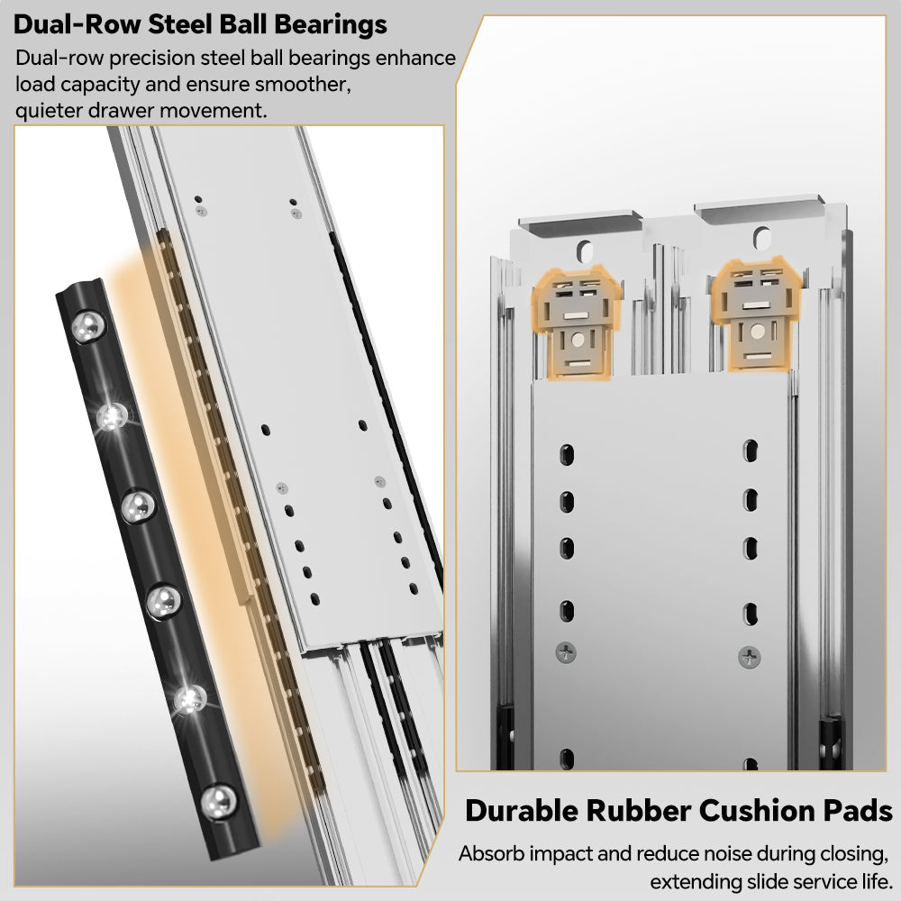 Close-up of high-precision double-row steel ball bearings inside a heavy-duty slide.