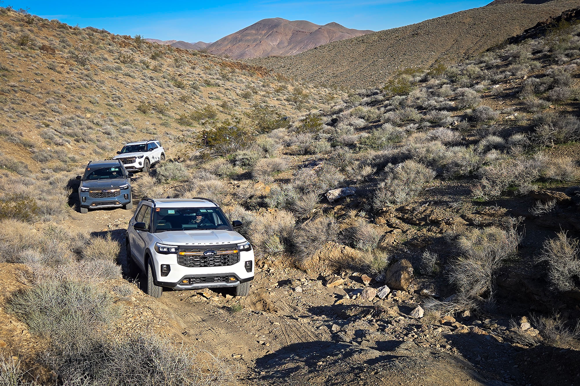 2026 Ford Explorer Tremor kicking up dust while driving through a desert landscape.