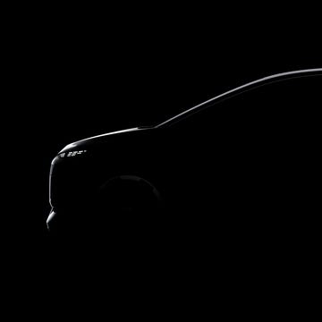 A sleek design sketch showing the silhouette of a future compact vehicle with modern lighting.
