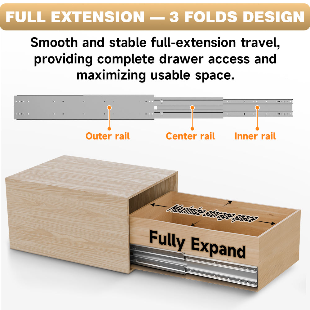 A fully extended heavy-duty fridge slide showing its three-fold extension capability.