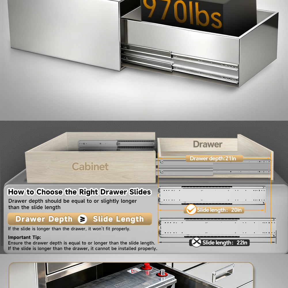 A technical sizing diagram for installing heavy-duty drawer slides.