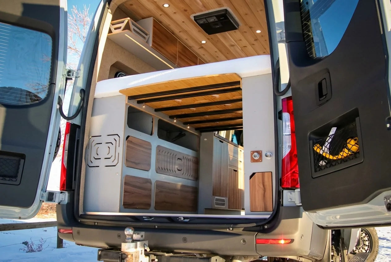 Minimalist and modern wood-paneled interior of a compact camper trailer.