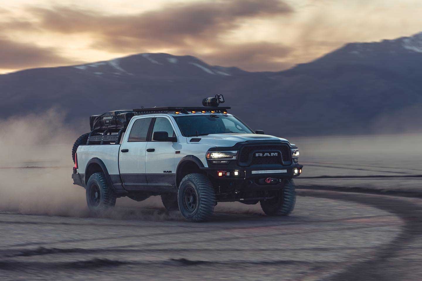 A heavy-duty Ram 2500 truck equipped with off-road accessories and prepared for rugged terrain.