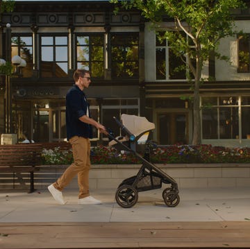 A man pushing a pet-compatible stroller outdoors.