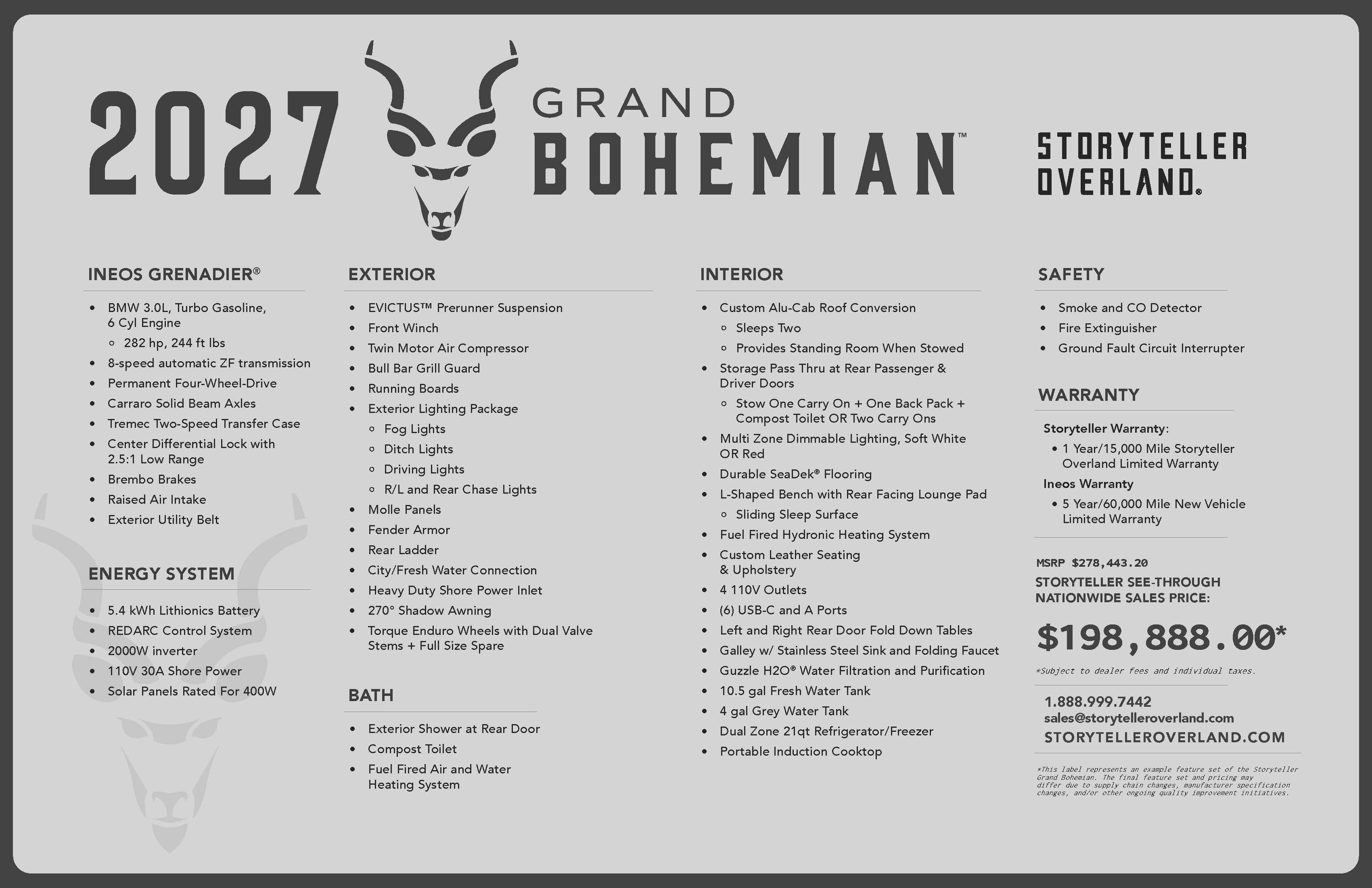 Window sticker showing the MSRP and RVIA certification seal for the Storyteller Overland Grand Bohemian.