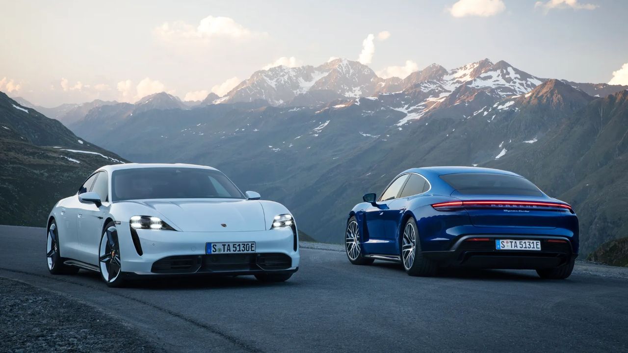 Front and rear profile of the 2026 Porsche Taycan.