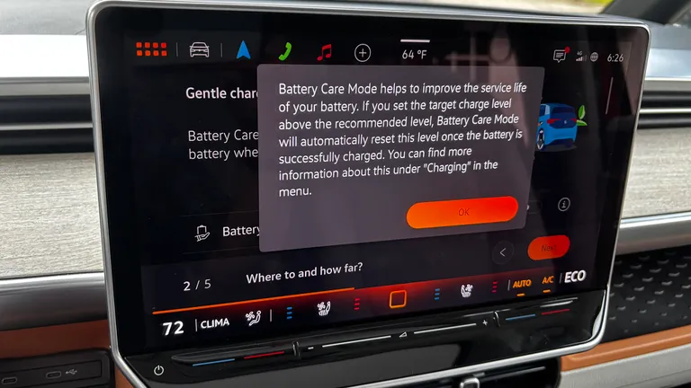 Infotainment screen showing the Battery Care mode toggle and 80% charge limit setting.