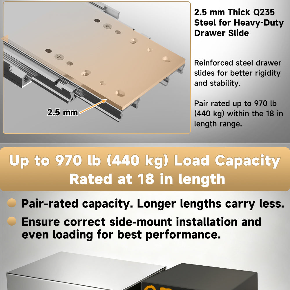 A caliper measuring the 2.5 mm thickness of a Q235 steel drawer slide.