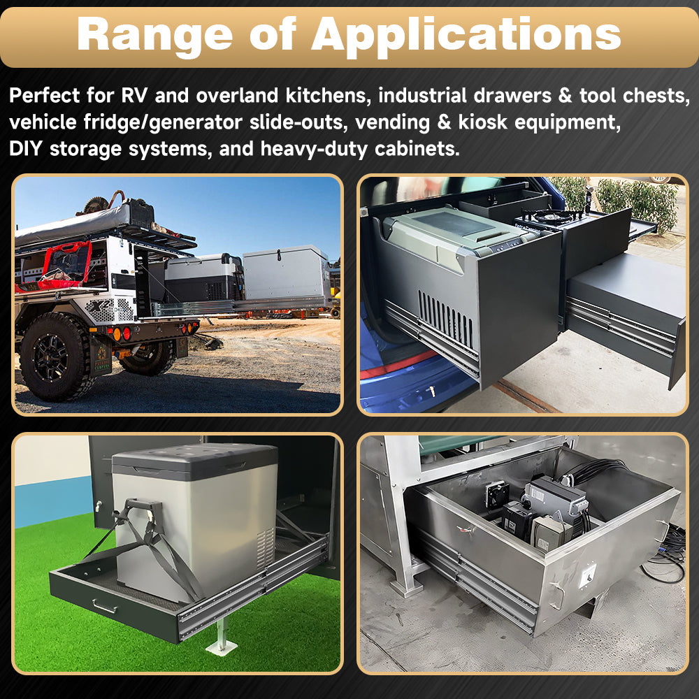 Components of a twin-slide heavy-duty drawer system with double-row bearings.
