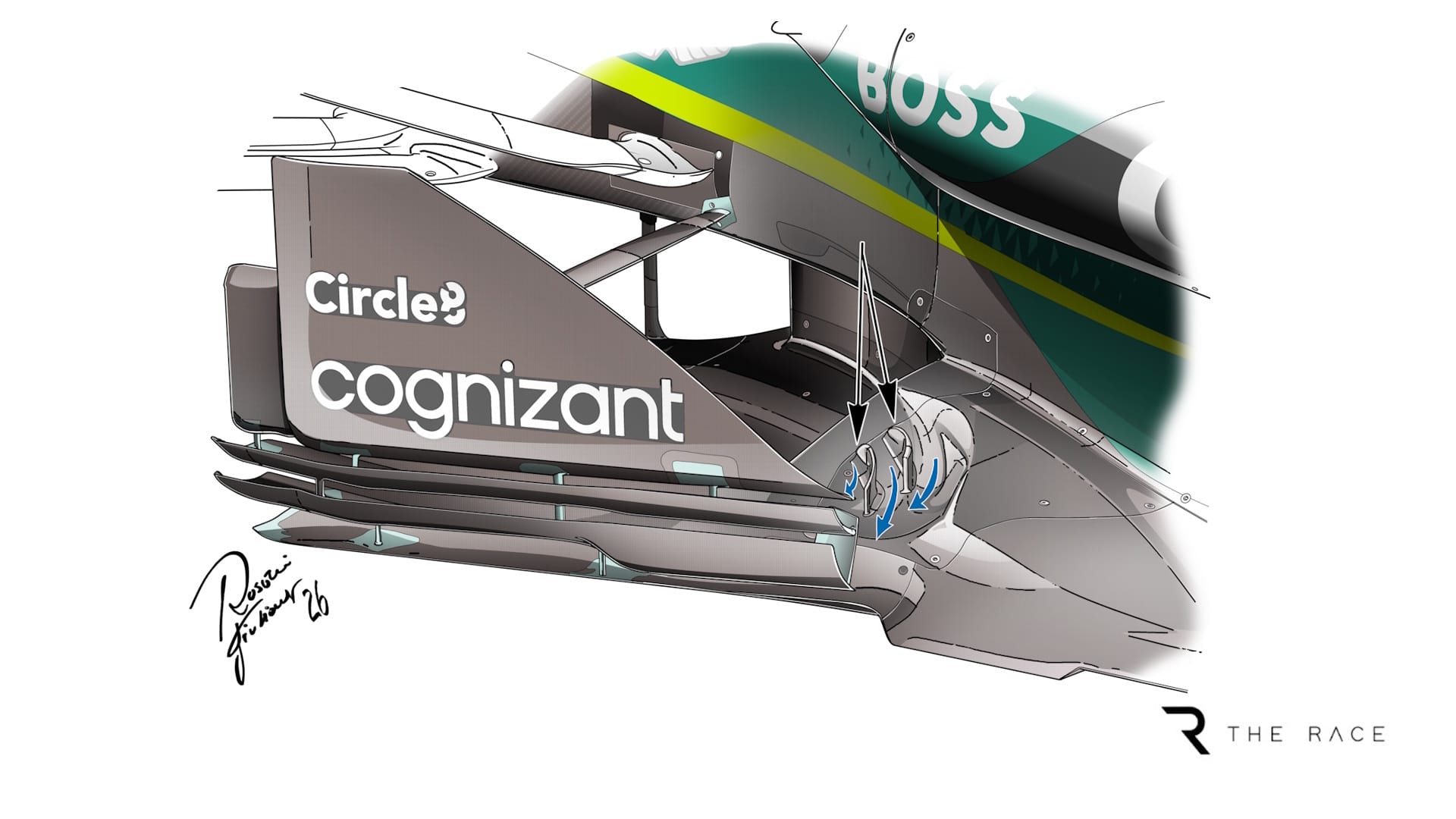 Technical diagram showing aerodynamic airflow over an F1 car's floor and sidepods.