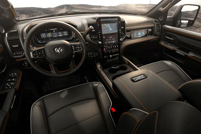 Wide view of the 2026 Ram 2500 Power Wagon Lunar Edition dashboard and center console.