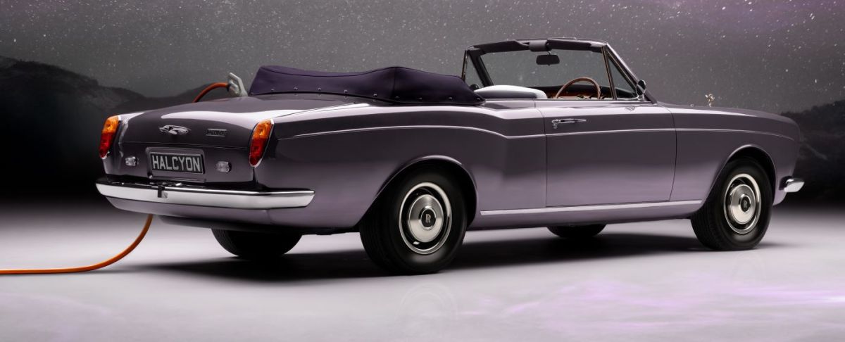 Rear view of the Halcyon Rolls-Royce Corniche EV showing the classic chrome bumper and clean finish.