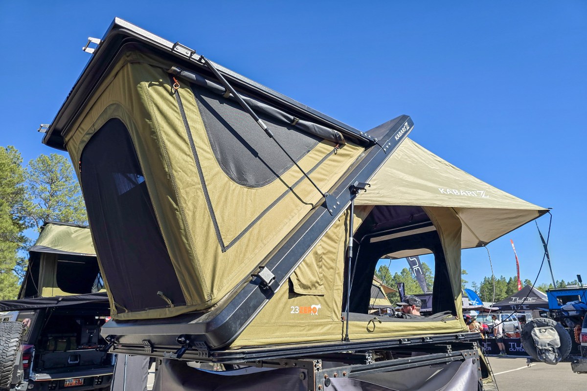 The 23Zero Kabari Z aluminum Z-lift hard shell roof tent deployed on a vehicle.