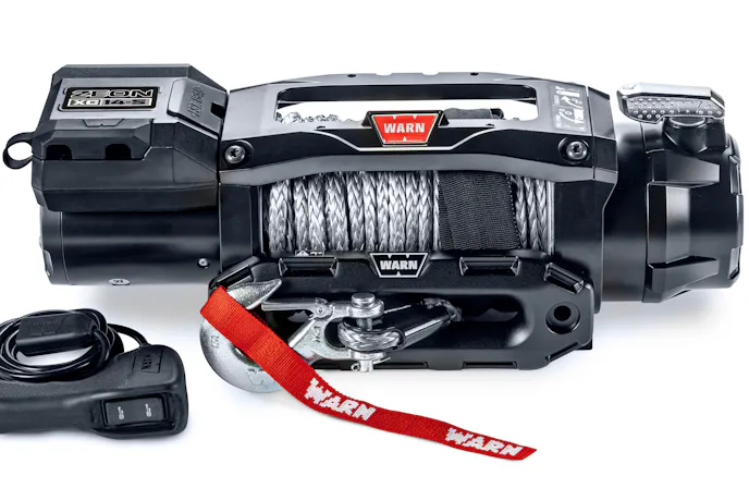 Detailed shot of the black powder-coated finish and black fasteners on the ZEON XC winch