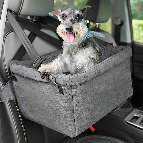 EHEYCIGA Dog Booster Seat with adjustable safety straps shown in a car seat.