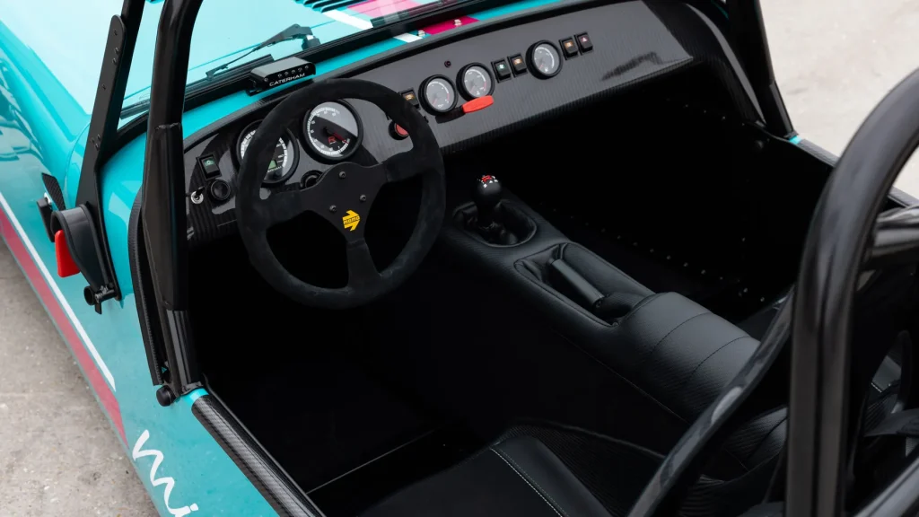Detailed view of the cockpit and seats of the Caterham Seven Miami edition.