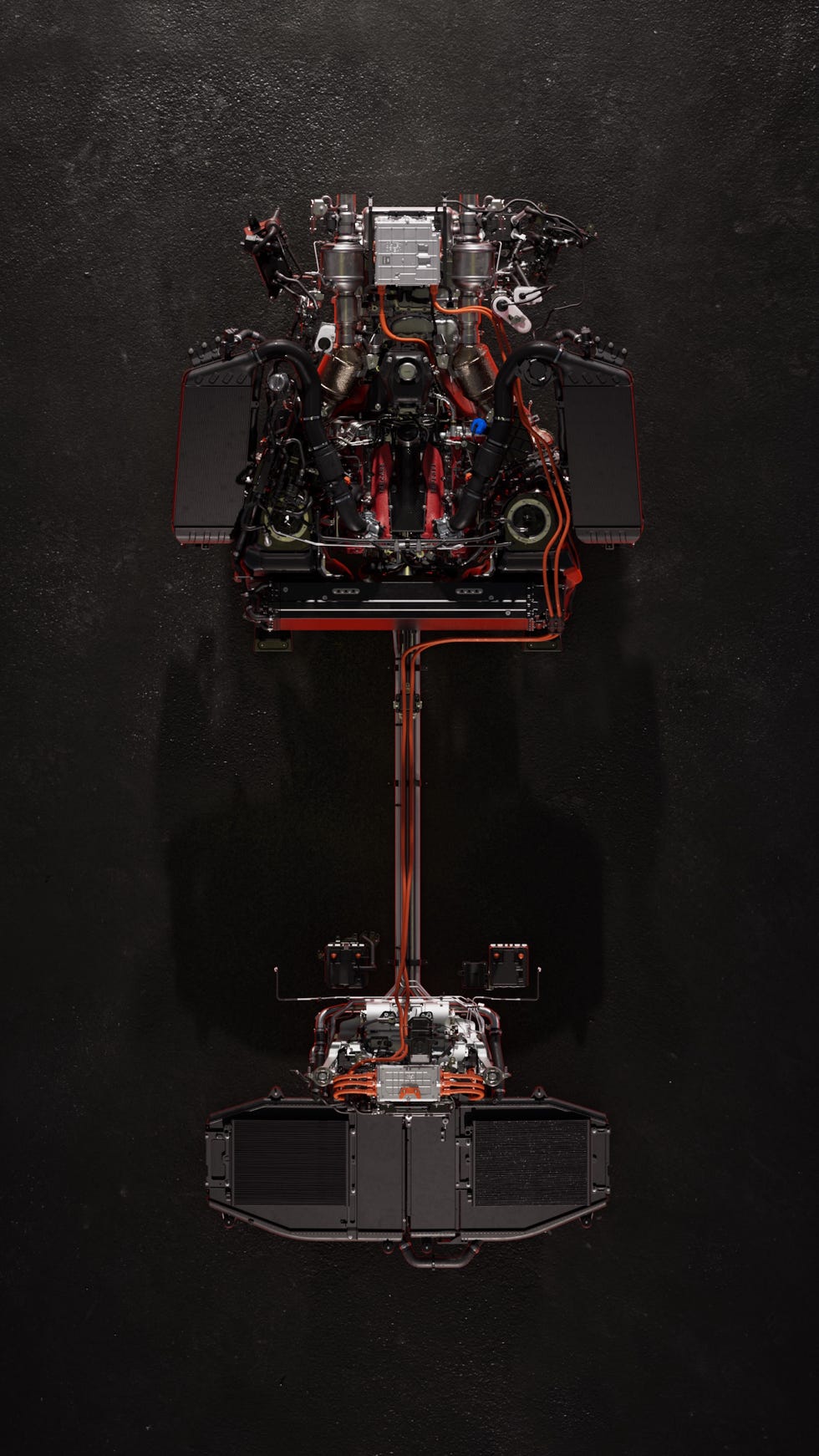 Technical cutaway view of the Ferrari 849 Testarossa's twin-turbo V8 and electric motor integration.