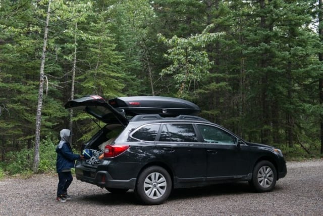 Rear angle of a vehicle with a Yakima SkyBox showing hatch clearance.