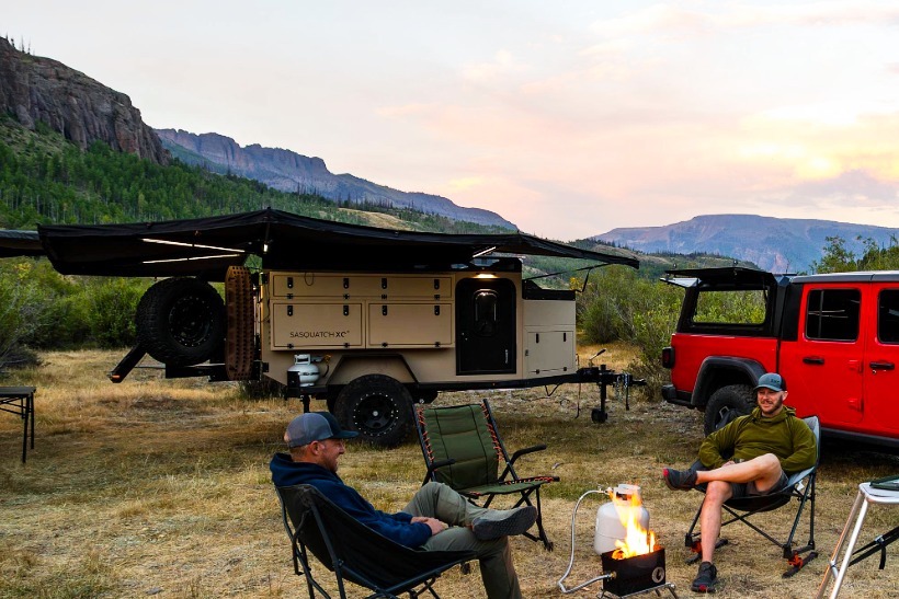SasquatchXC Highland 60 trailer with all-aluminum construction in a mountain landscape.