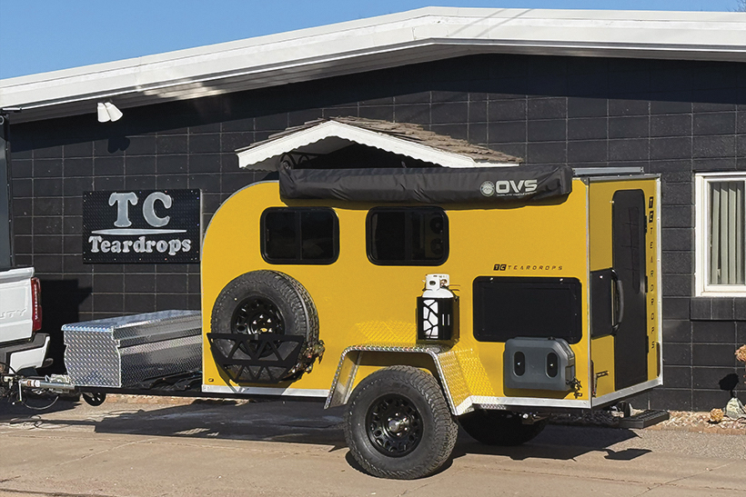 A custom-built TCTeardrops camping trailer designed for off-road use.