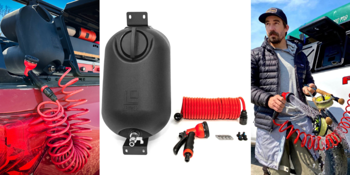 The HydroPOD ACS Rack Shower Kit mounted to the side of a truck rack.