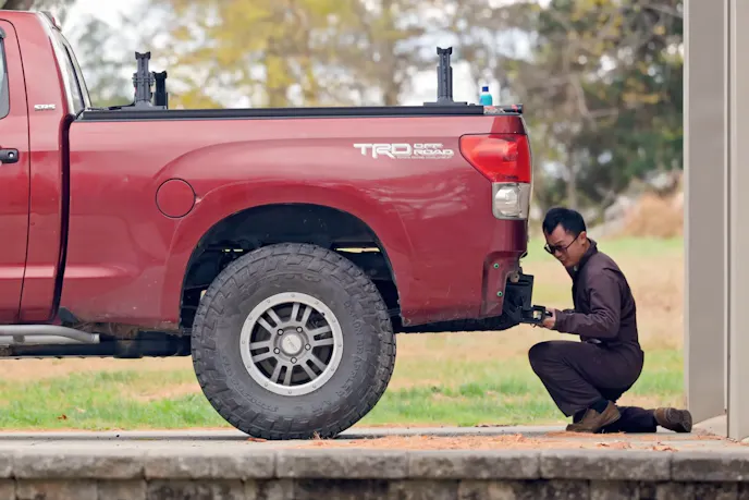 The front bumper of a Tundra trimmed for high clearance with professional welding and finish.