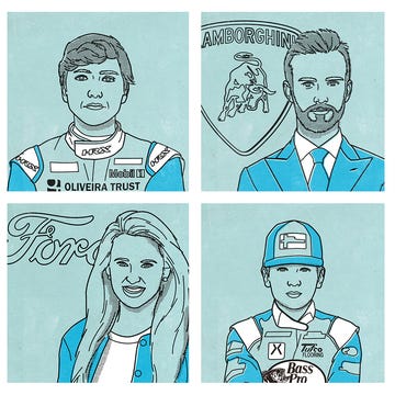 Illustrations of early 20th-century racing drivers and automotive designers.