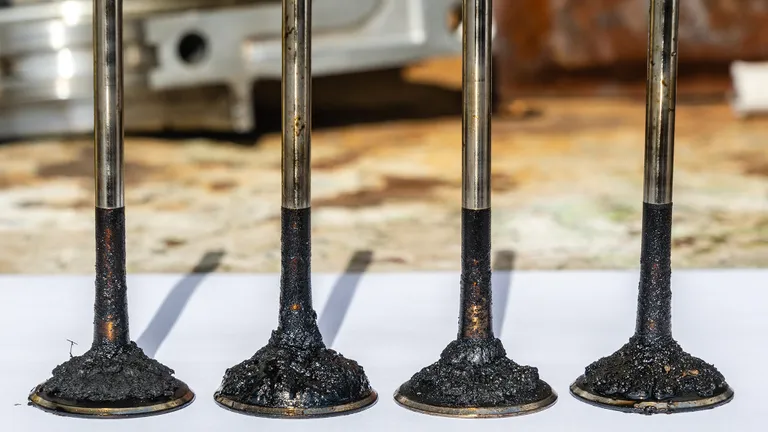 Close-up of engine valves encrusted with soot and heat-resistant residue.