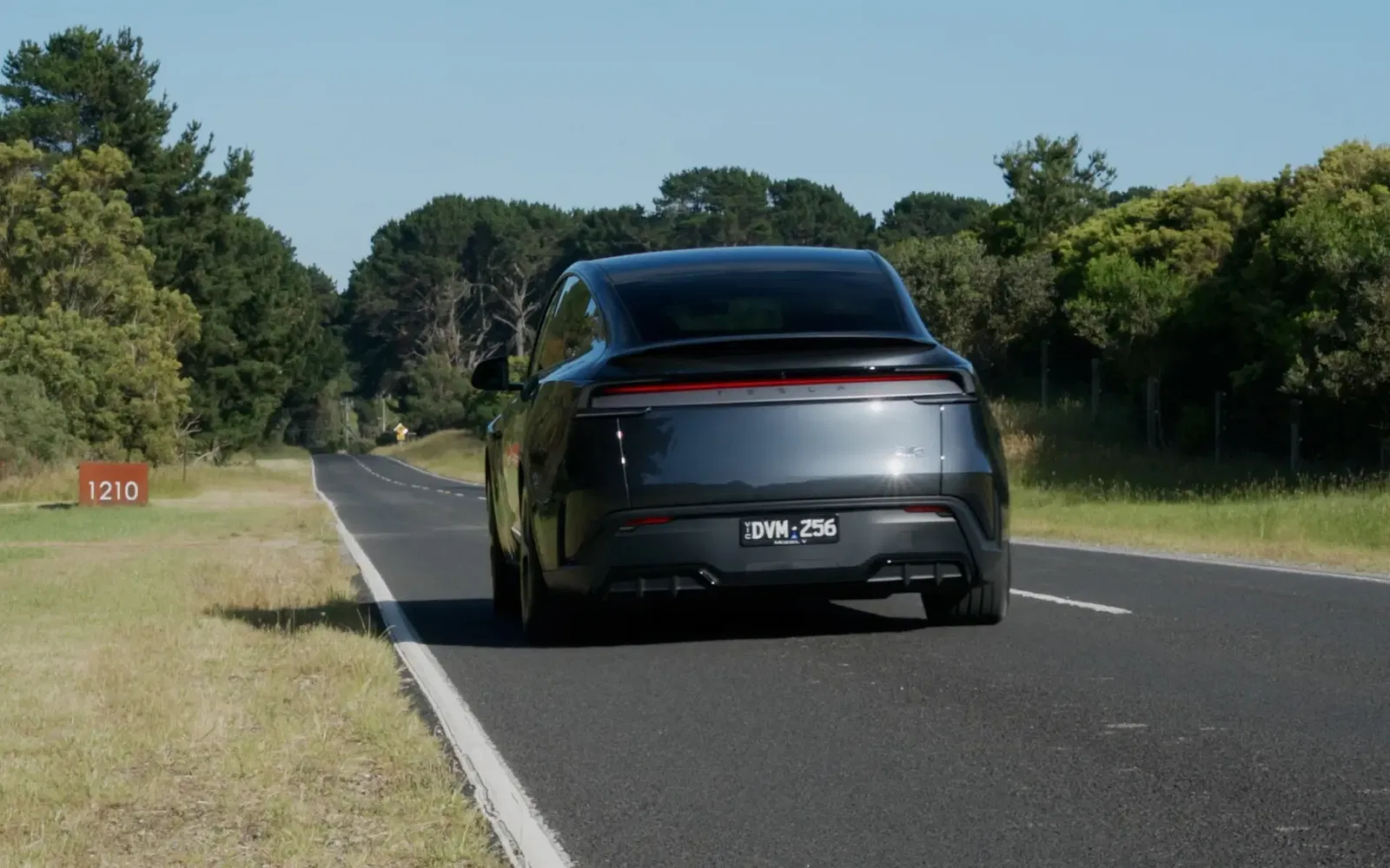 A blue Tesla Model Y Performance driving smoothly along a winding coastal road.