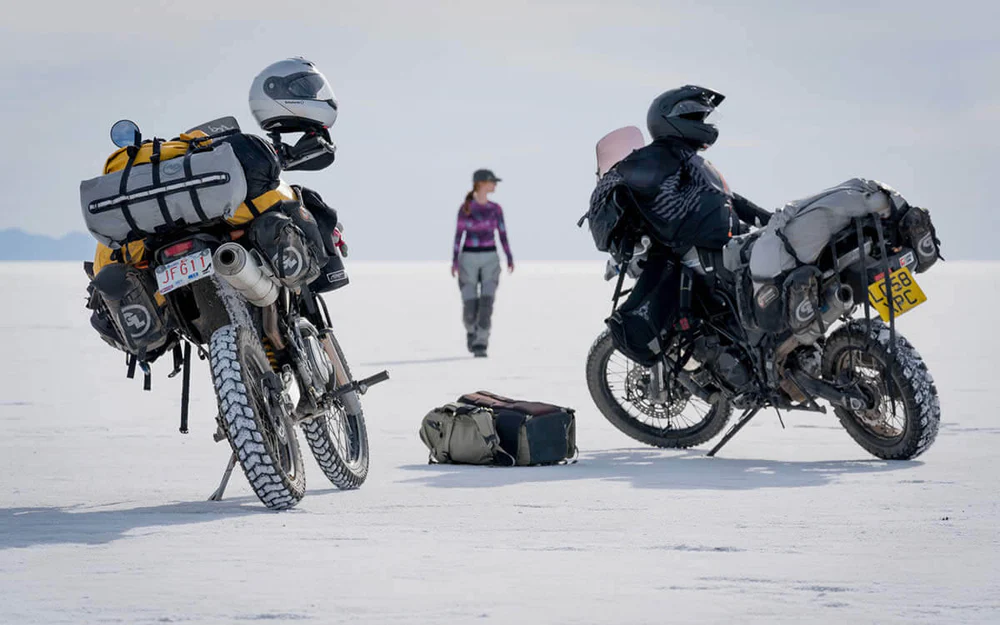 Giant Loop Great Basin 68L saddlebag mounted on the rear seat of a motorcycle.