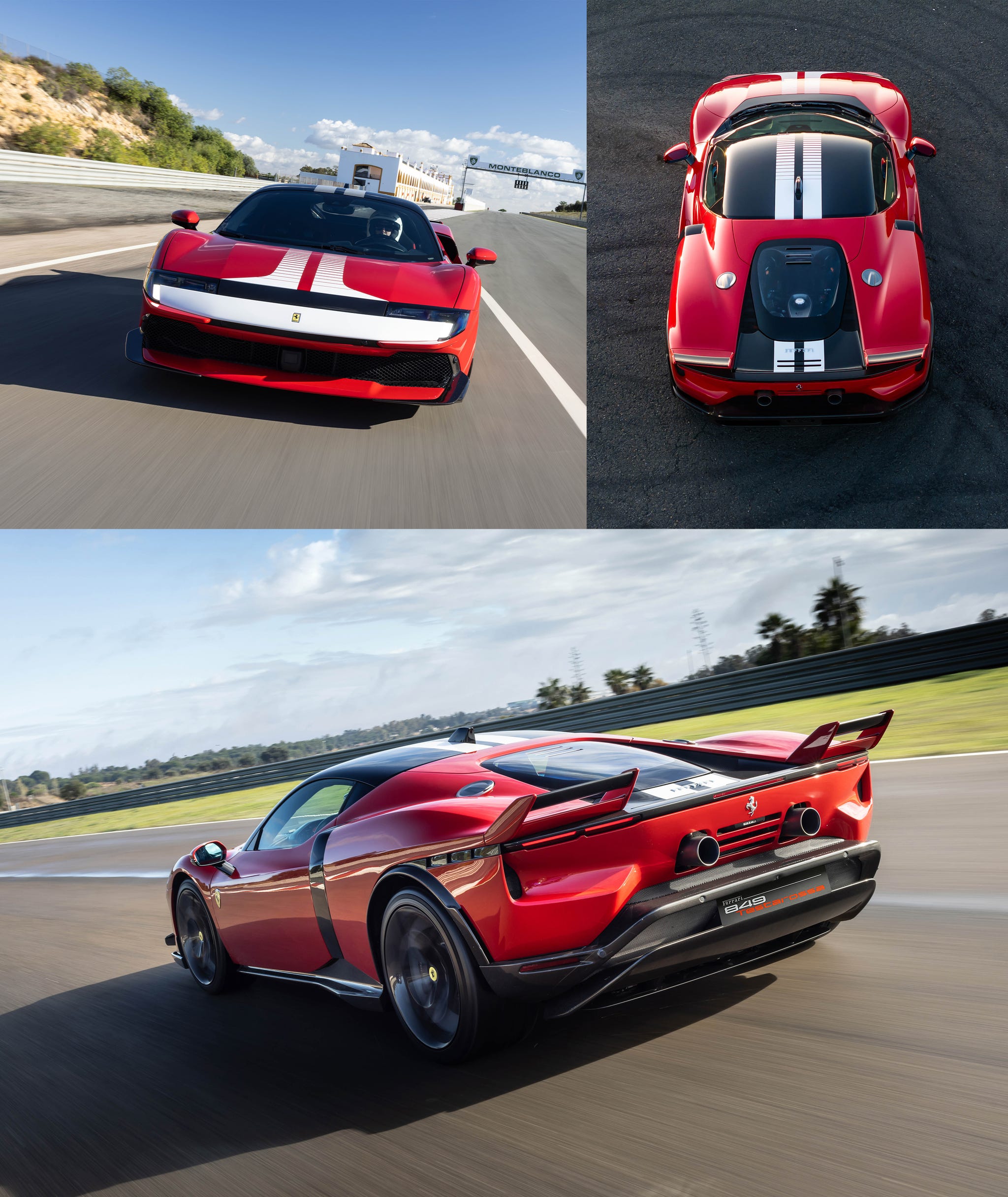 A Ferrari 849 Testarossa in motion on a racing circuit.