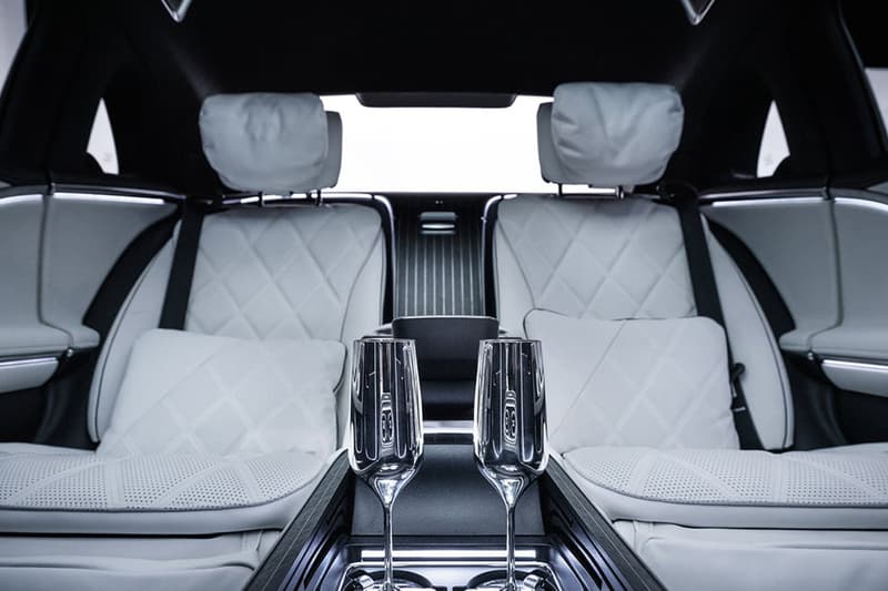 Silver-plated Robbe & Berking champagne flutes in the center console of the Maybach.