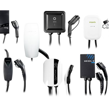 A row of different wall-mounted home electric vehicle charging stations.