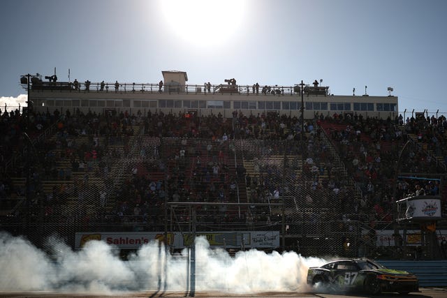 Wide shot of the NASCAR field during the Watkins Glen International road course race.
