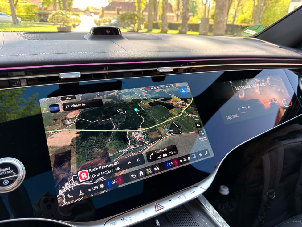 Close-up of the 2027 Mercedes S-Class dashboard featuring the MBUX Superscreen and integrated navigation.