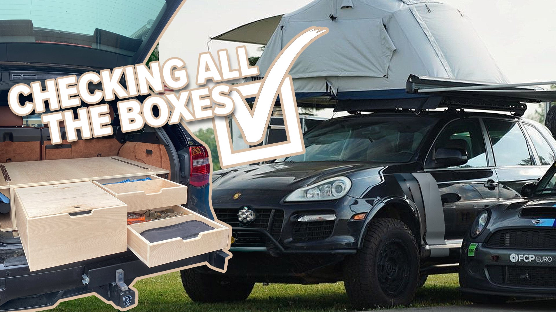 A modified silver Porsche Cayenne 955 set up for overlanding with off-road tires and gear.