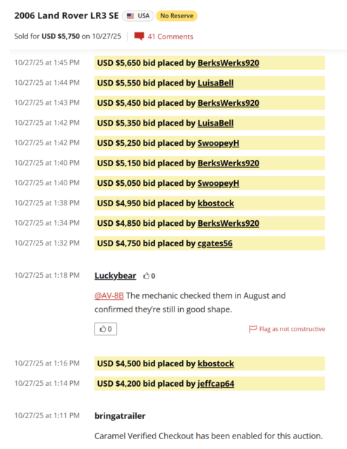 An infographic or screen layout showing the Bring a Trailer auction clock and bidding history.