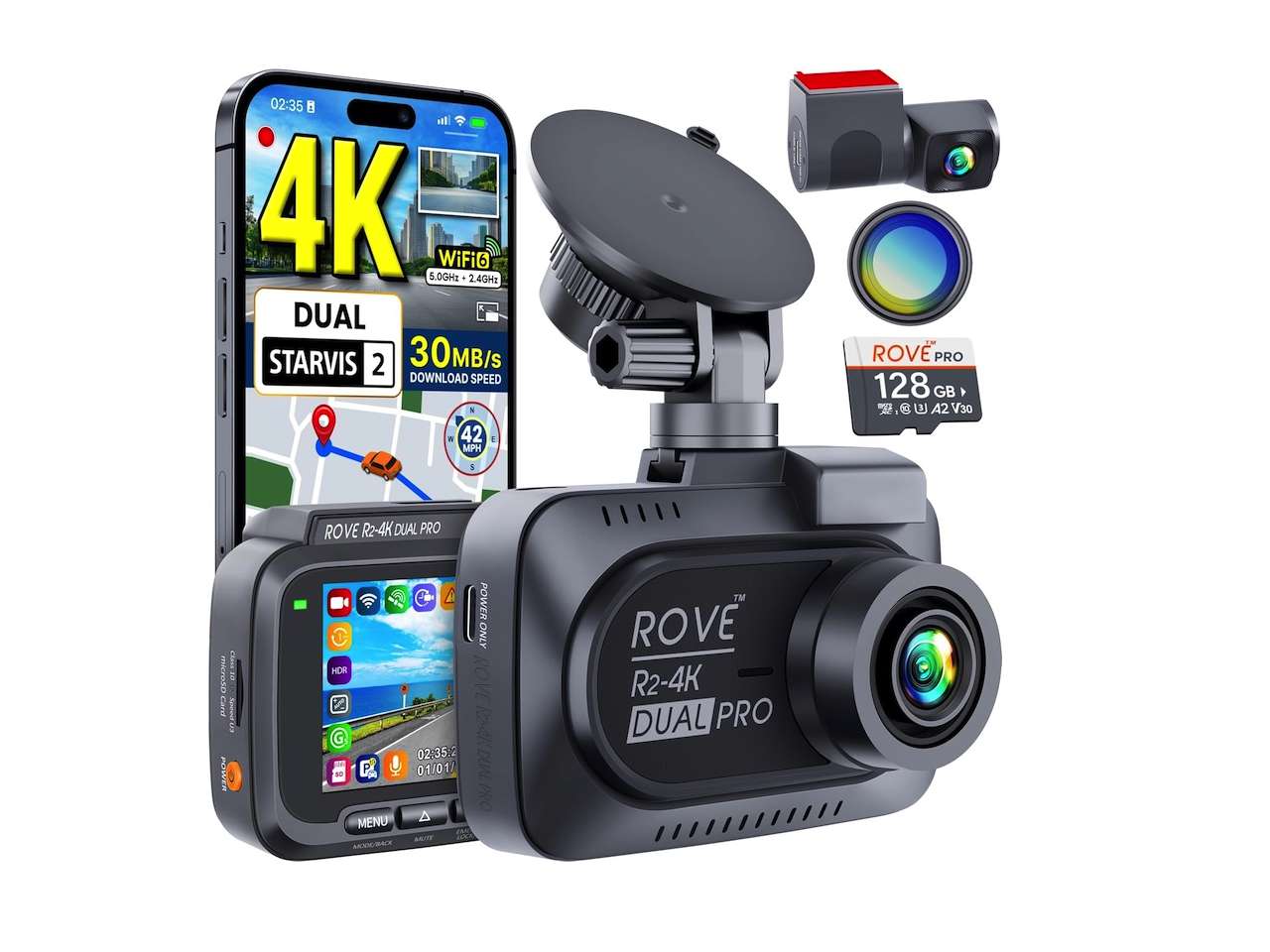 ROVE Dual PRO dash cam highlighting the STARVIS 2 camera sensors.