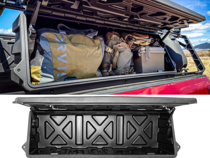 An open GearPOD XL showing organized outdoor equipment inside.