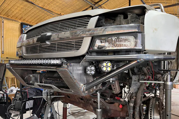 In-process fabrication of the truck's chassis and suspension components.